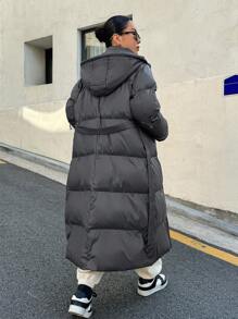 DAZY 抽绳连帽腰带羽绒服，女士冬季服装，女士冬装外套 - 深灰色 - 查看 3