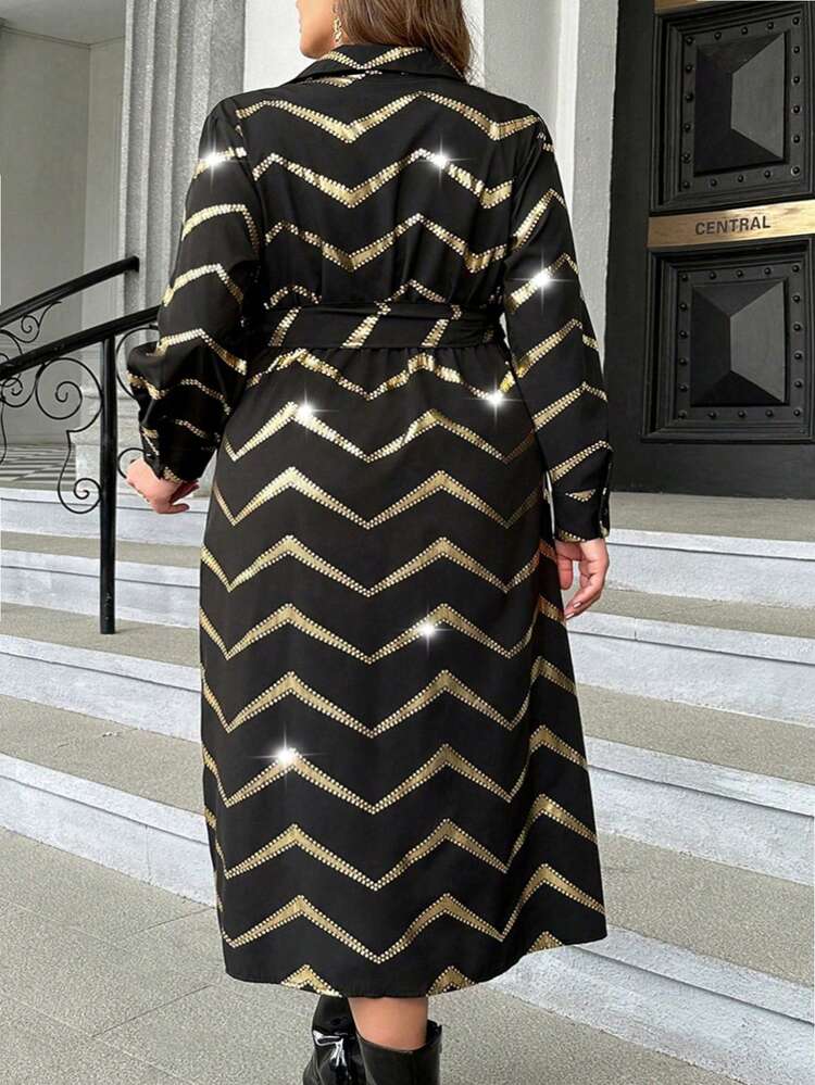 Plus Size Women's Wrap Belted Dress With Gold Stripe Print Fall Cloth For Women