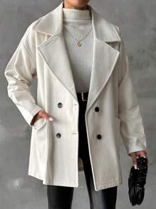 SHEIN PETITE Lapel Double-breasted Woolen Coat - White - View 1