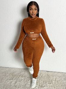 Slaydiva Alphabet Cropped Teddy Top And Trousers Two-piece Set - Redwood - View 4