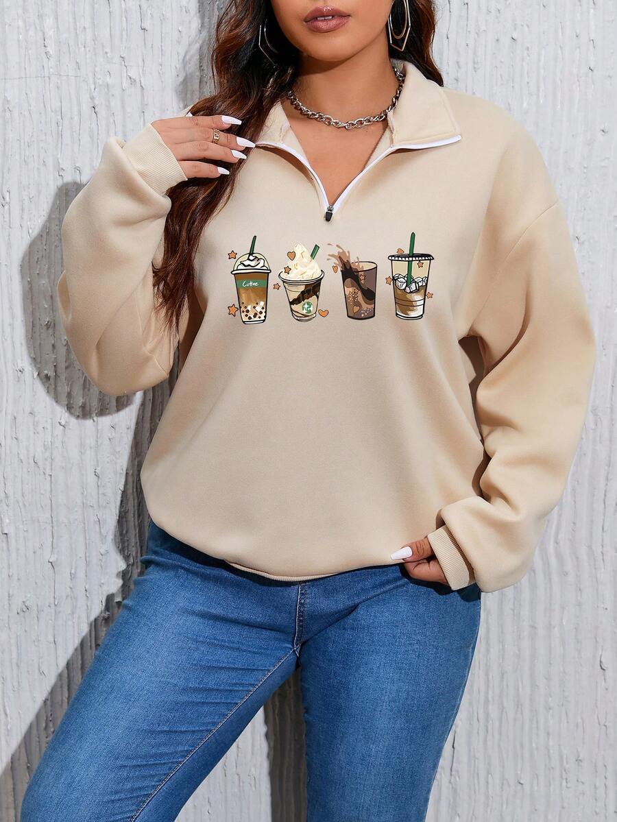 Kích thước lớn In Đồ họa Thả vai Áo nỉ - Màu be - Xem 1