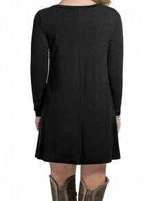 Plus Size Solid Color Long Sleeve Short Dress - Black - View 3