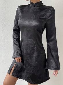 Chiquease 女士錦繡立領喇叭袖旗袍連衣裙 - 黑色 - 查看 6