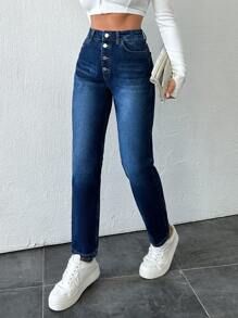 SHEIN Cottnline Women's Straight Leg Denim Jeans With Button Fly - Dark Wash - View 3
