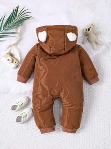 SHEIN Em bé Con trai Dễ thương Thiết kế Lông cừu mềm áo có mũ Tay áo dài Áo liền quần Với Lót Và Khâu - màu nâu - Xem 2