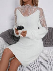 SHEIN Clasi Quý cô Vá lại Ren & Sang trọng & Đầm Áo len - trắng - Xem 6