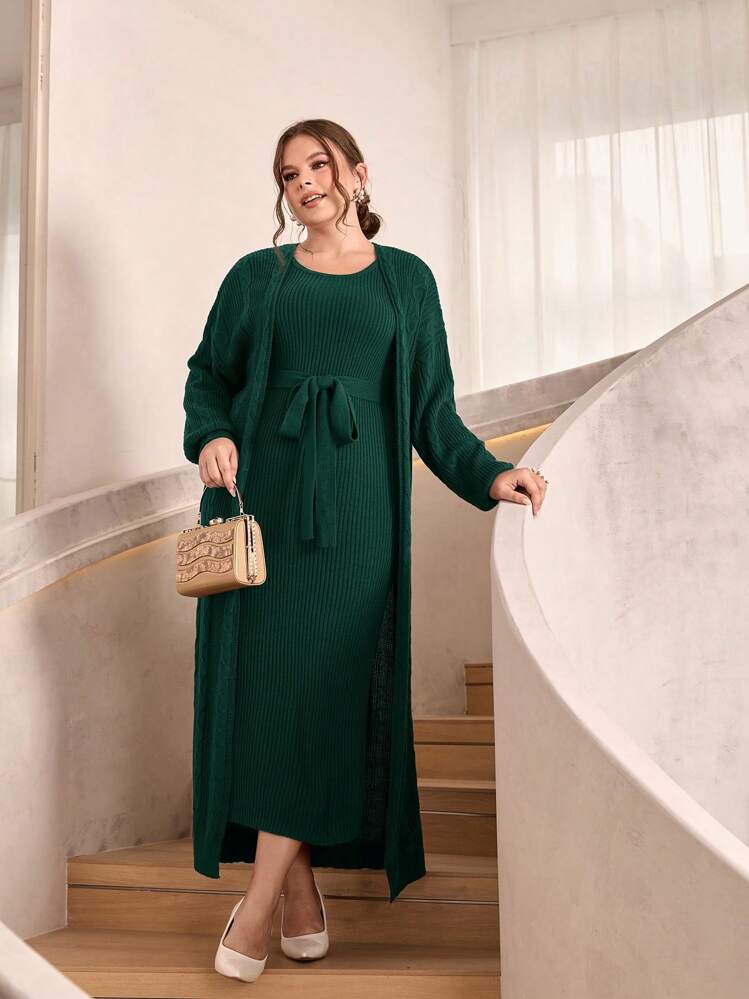 SHEIN Mulvari Plus Size Women s Two Piece Long Sleeve Cardigan And Belted Sweater Dress Set SHEIN
