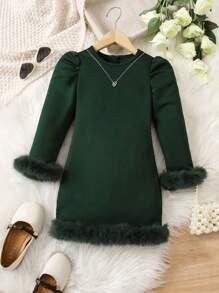 SHEIN Little Girls' Fluffy Sleeve Puff Sleeve Dress - Dark Green - View 1
