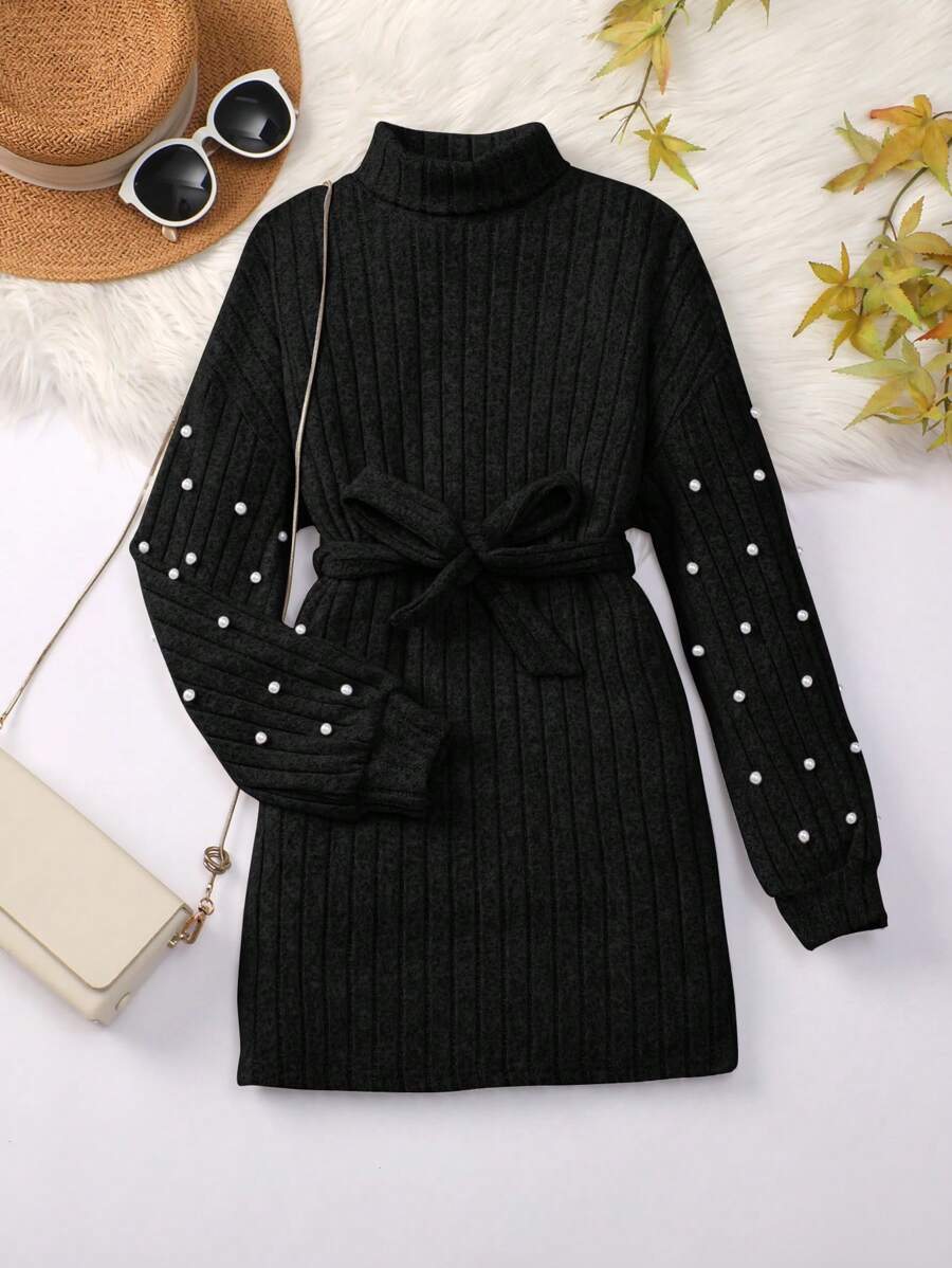 SHEIN Cô gái Tween Đơn giản Đường phố Dệt kim Màu thuần Vòng cổ Dài tay Eo Đầm - màu đen - Xem 1