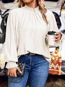 SHEIN LUNE 女士純色立領優雅大尺碼襯衫 - 杏色 - 查看 3