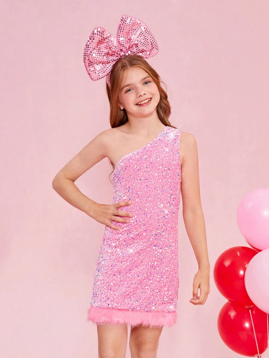 SHEIN Tween Girl Sequins Weave Asymmetrical Neck Sleeveless Dress With Slit