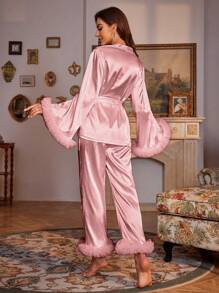 Pajama Set With Big Cuff And Fringe Detail, Fall Winter Clothes Cozy And Elegant Details - Pink - View 2