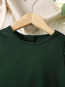 SHEIN Little Girls' Fluffy Sleeve Puff Sleeve Dress - Dark Green - View 3