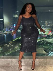 Slaydiva Dress Ukuran Plus Ruffle Kontras Mesh Kontras Sequin Plain Pesta - Biru - View 1
