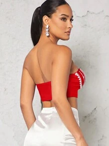 SHEIN BAE 鑽石鑲嵌無肩帶短上衣 - 紅色 - 查看 2