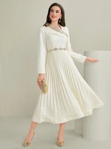 Modelyn Asymmetrical Neck Embroidered Pleated Long Sleeve Dress Without Belt