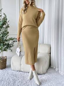 SHEIN LUNE Robe À Manches Longues À Col Montant Et Couleur Unie Pour Femmes Avec Fentes Latérales En Deux Parties - Camel - Voir 3
