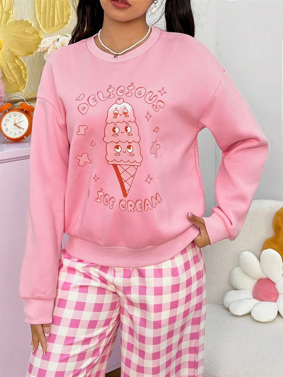 SHEIN EZwear 卡通和文字設計休閒運動衫 - 粉色 - 查看 1