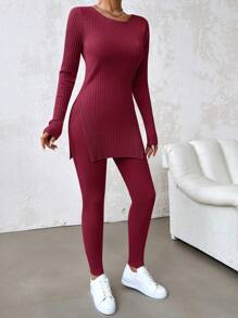 EURMUSE Ladies' Solid Color Round Neck Ribbbed Slit Hem T-Shirt And Skinny Pants Set - Burgundy - View 5