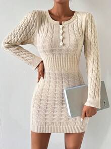 SHEIN Essnce Women's Button Down Half Placket Long Sleeve Sweater Dress - Apricot - View 5