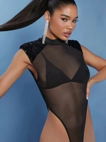 Hauture Conjunto de dos piezas con body de malla transparente con lentejuelas y falda