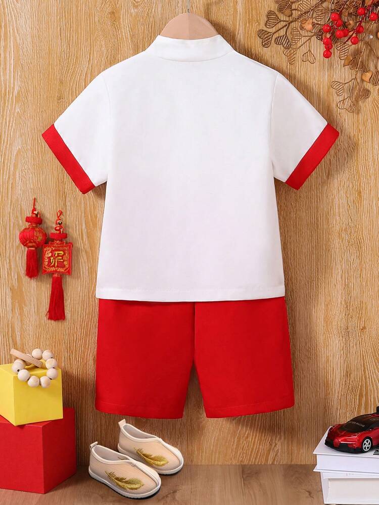 Young Boy 2pcs/Set Casual Comfortable Breathable & Cool Color Block Chinese Style Hanfu Outfit With Stylish Buckle Design, Suitable For Summer