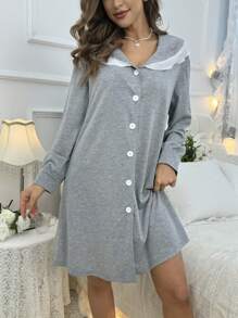 拼色鑲邊正面紐扣睡裙,正面朝上 - 灰色 - 查看 5