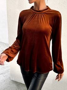Chiquease Của phụ nữ Màu thuần Tay áo lồng đèn Mở Lưng Tay áo dài Áo sơ mi - Rỉ Nâu - Xem 3