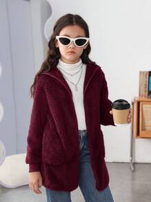 SHEIN Tween 女孩針織純色連帽寬鬆休閒外套大翻領雙貼袋 - 酒紅色 - 查看 1