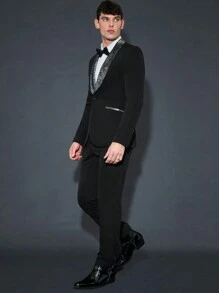 Manfinity VCAY Men's Contrast Shawl Collar Single-breasted Suit Jacket And Pants Two-piece Set - Black - View 8