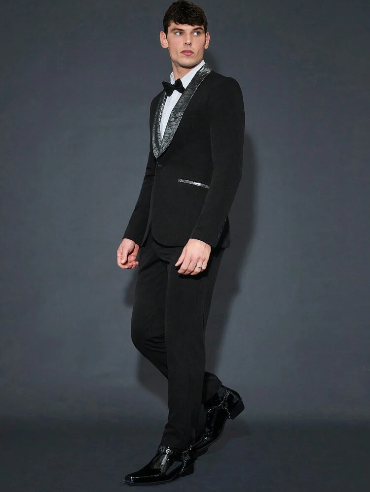 Men's Contrast Shawl Collar Single-breasted Suit Jacket And Pants Two-piece Set