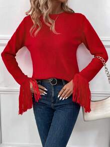 SHEIN LUNE Của phụ nữ Tua Cổ tay áo Áo len - Đỏ - Xem 4