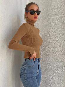 Cloudara High Neck Ribbed Knit Jumper - Brown - View 4