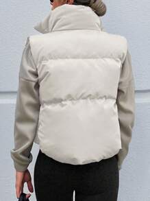 EURMUSE Drawstring Detail Zipper Vest Puffer Coat - Beige - View 2