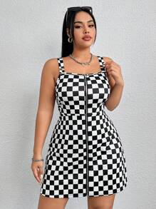 SHEIN EZwear Của phụ nữ Kích thước lớn Kẻ sọc In Dây kéo mặt trước Dây đeo Mì Ý  Đầm - Đen và trắng - Xem 1