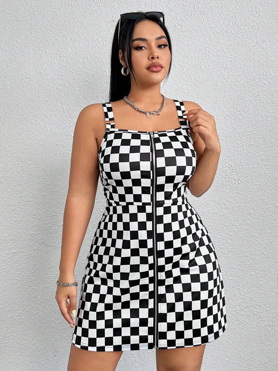 SHEIN EZwear Của phụ nữ Kích thước lớn Kẻ sọc In Dây kéo mặt trước Dây đeo Mì Ý  Đầm - Đen và trắng - Xem 1