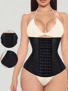 Women's Black High Stretch Fabric Waist Trainer With Button Front Design For Casual Comfy Sporty Wear - Black - View 2