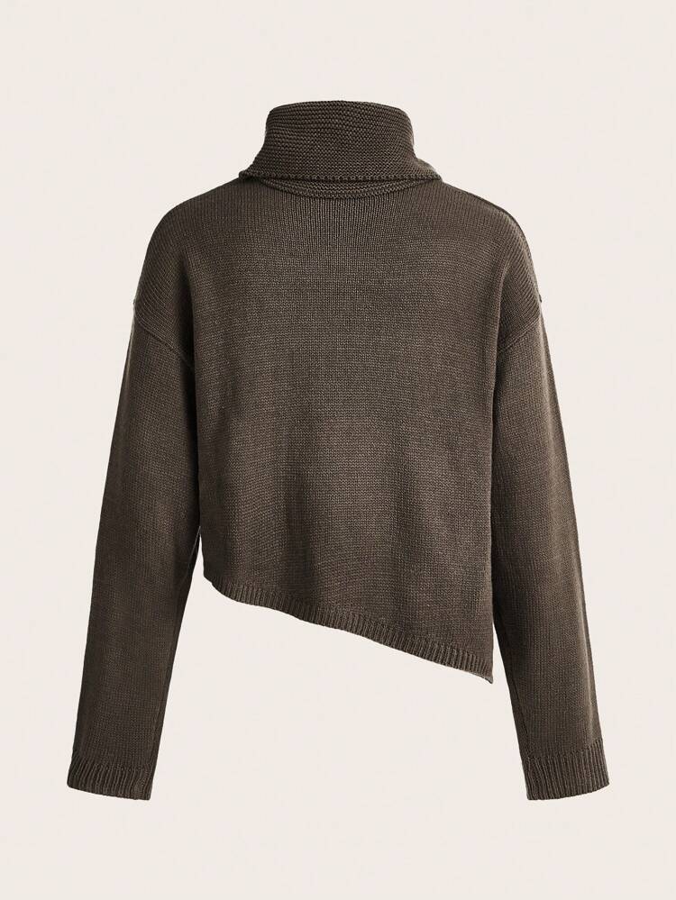 Solid Turtleneck Drop Shoulder Sweater