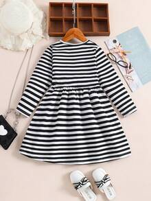 SHEIN Girls' Striped Comfortable Sweet Long Sleeve Dress For Spring And Autumn - Black and White - View 2
