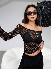 SHEIN ICON 女士露肩網眼上衣 - 黑色 - 查看 5