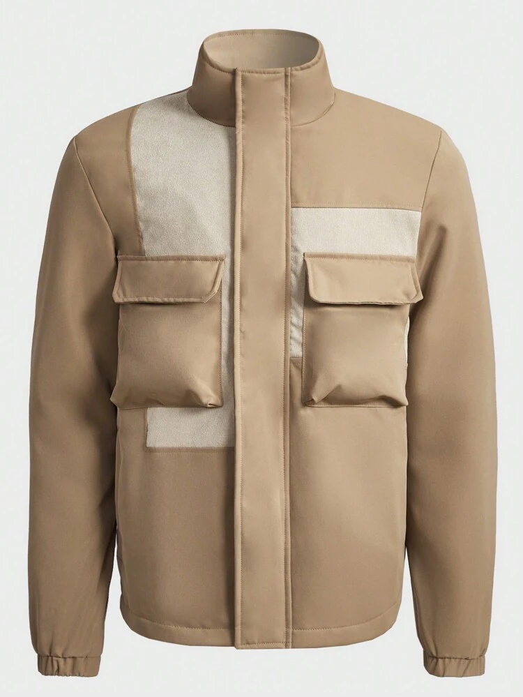 Men Contrast Panel Flap Pocket Zipper Front Winter Coat