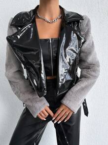 EURMUSE Women's Fleece Patchwork Belted Jacket - Black - View 6