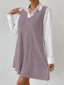 SHEIN LUNE 女士無袖短款毛衣連衣裙 - 藕粉色 - 查看 5