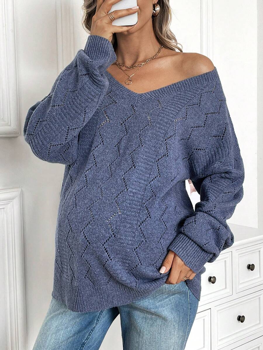 SHEIN Maternity V-Neck Drop Shoulders Sweater, For Winter - Dusty Blue - View 1