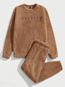 GENTILAND 男士毛絨字母刺繡 2 件套 - 卡其色 - 查看 3