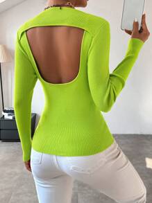 SHEIN LUNE Suéter de punto acanalado sin espalda de unicolor para otoño e invierno - Verde - Ver 1