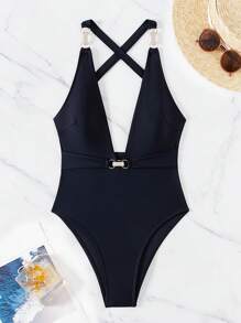 SHEIN Swim Women's Solid Color Crisscross Backless One-Piece Swimsuit Music Festival Summer - Black - View 4