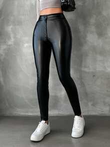EURMUSE Leather Look Skinny Jeans - Black - View 4