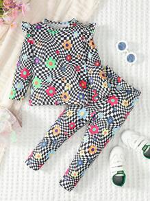 SHEIN 2 件套年轻女孩彩色菊花和黑白格子印花盖袖长袖 T 恤和长裤套装，秋冬季 - 彩色 - 查看 1