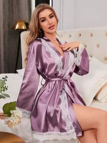 女士拼接蕾絲緞面浴衣 - 淺灰紫 - 查看 6